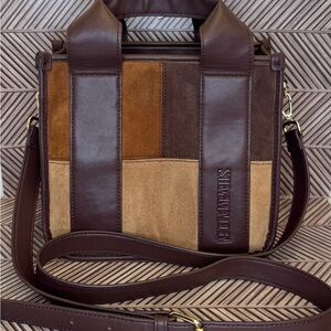 Steve Madden Stylish Patchwork Crossbody Bag in Brown Suede and Faux Leather